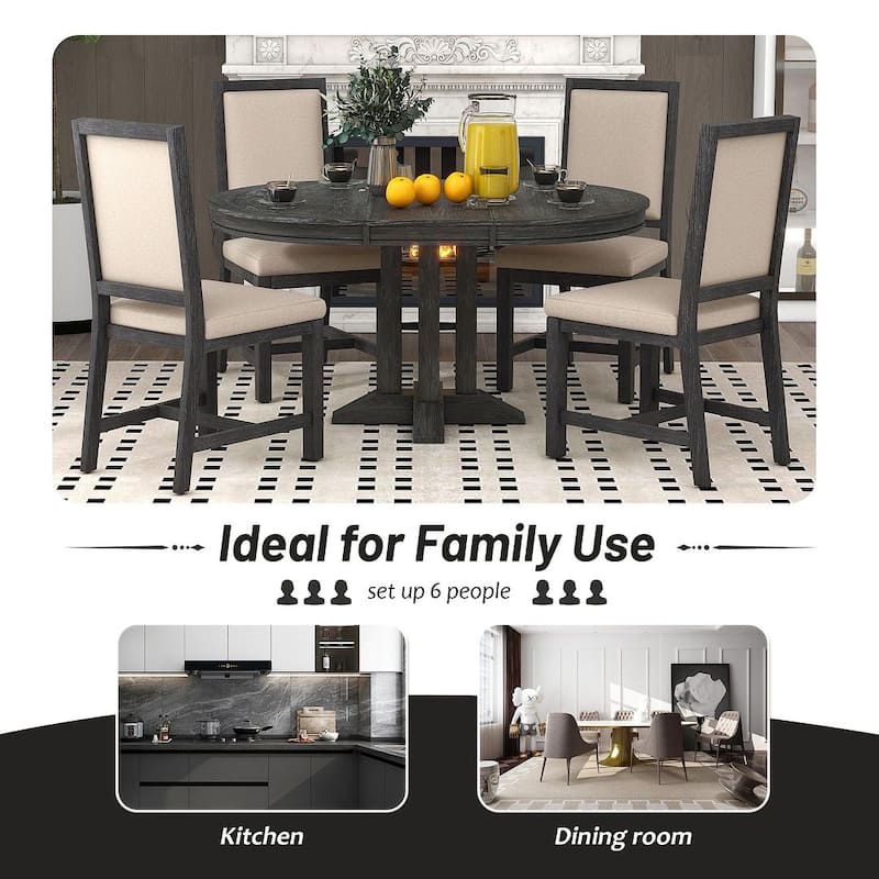 Farmhouse Retractable Round Table with 4 Upholstered Chairs