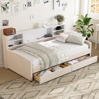 Platform Corner Bed Frame Upholstered Bed with Storage and Drawers