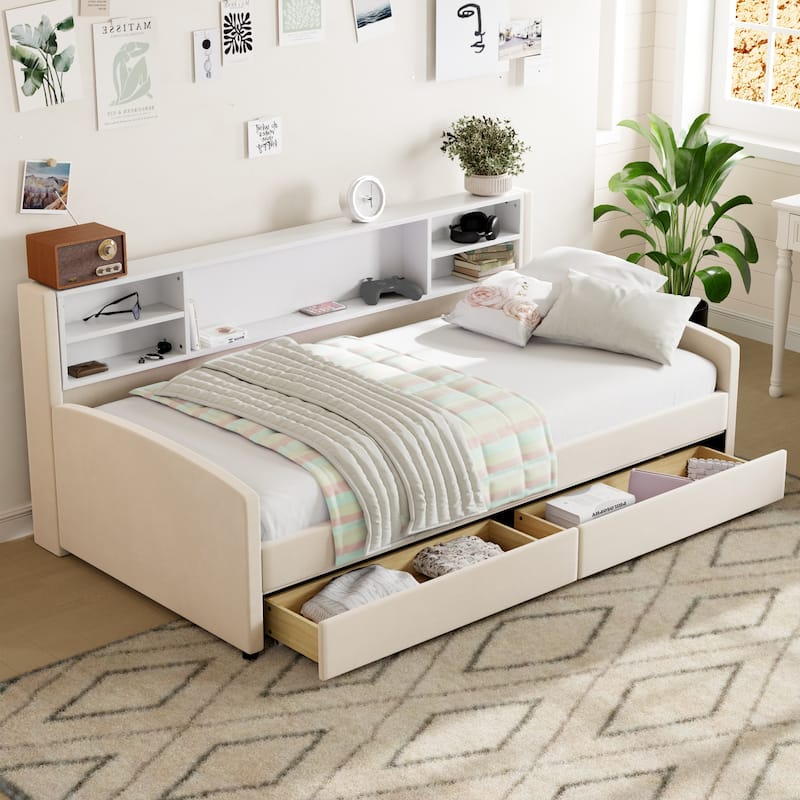 Twin Size Daybed Upholstered Platform Bed with Storage Shelf Headboard and 2 Drawers, Wood Daybed Frame with Curved Armrest - Beige - Twin
