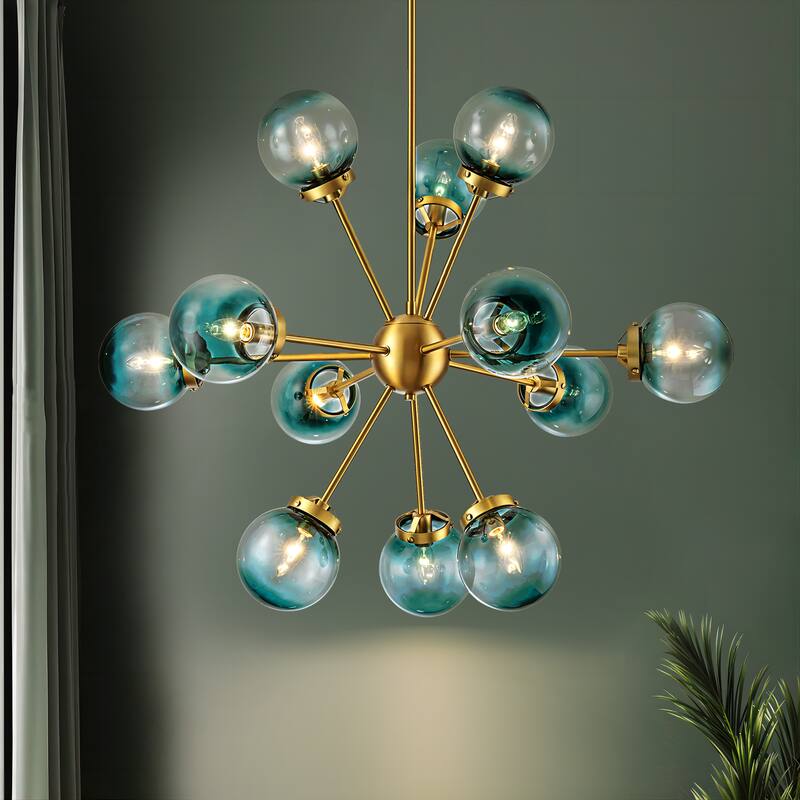 12-Light Modern Glam Brushed Gold Linear Sputnik Gradient Blue Glass Globe Bubble Chandelier - 37.7 in. W x 30.3 in. H