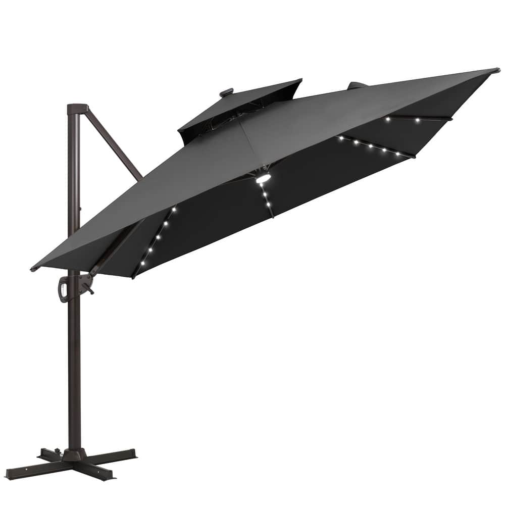 Solar LED Light 9 x 11FT Aluminum Outdoor Cantilever Patio Daul Top Umbrella without Base