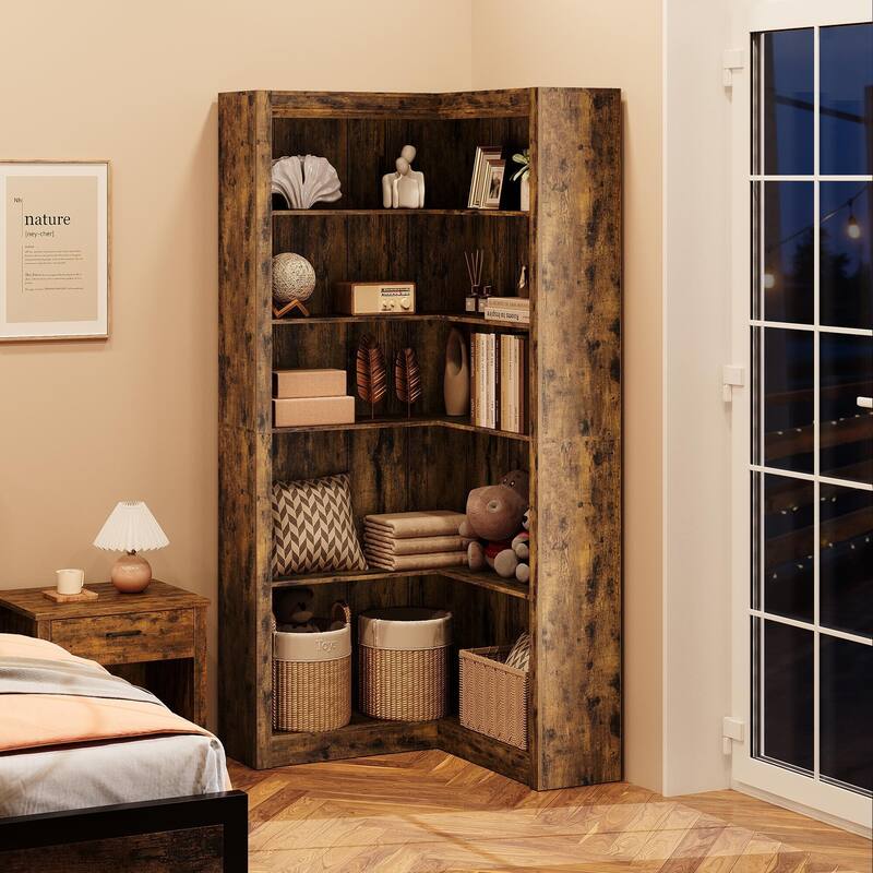71.8" Tall Corner Bookshelf, 5-Tier L-Shaped Corner Bookcase, Modern Industrial Wood Display Storage Shelves for Living Room