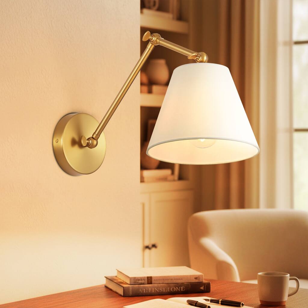 1-Light Modern Brushed Gold Adjustable Swing Arm Wall Sconce with Cone Fabric Shade for Bedroom, Study