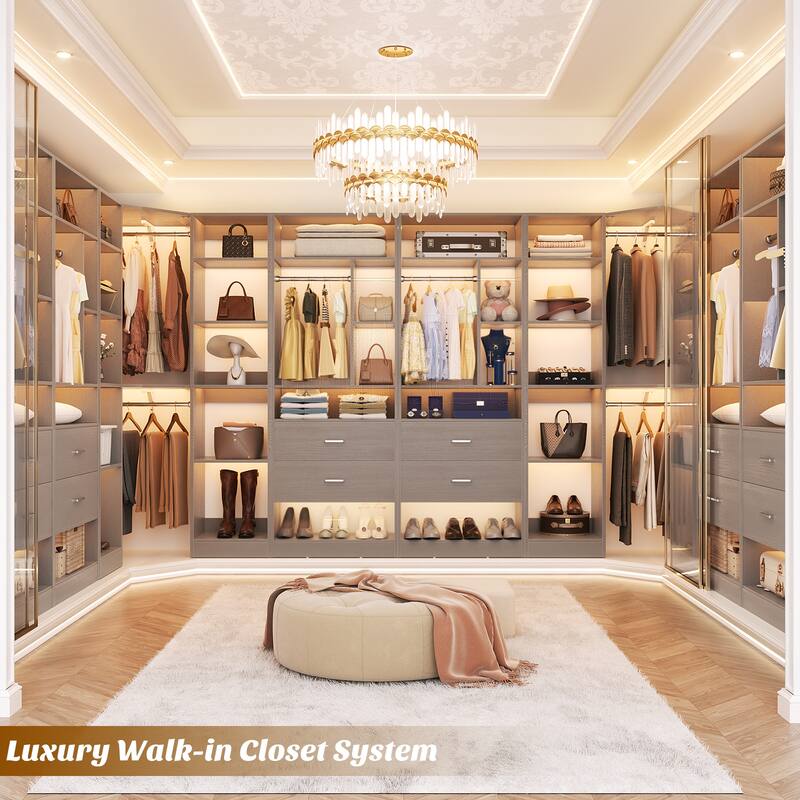 Rackcog 63.2'' W Corner Closet System with 2 Wooden Drawers and 3 Hanging Rods, Walk-in Closet Organizer with 12 Storage Shelves