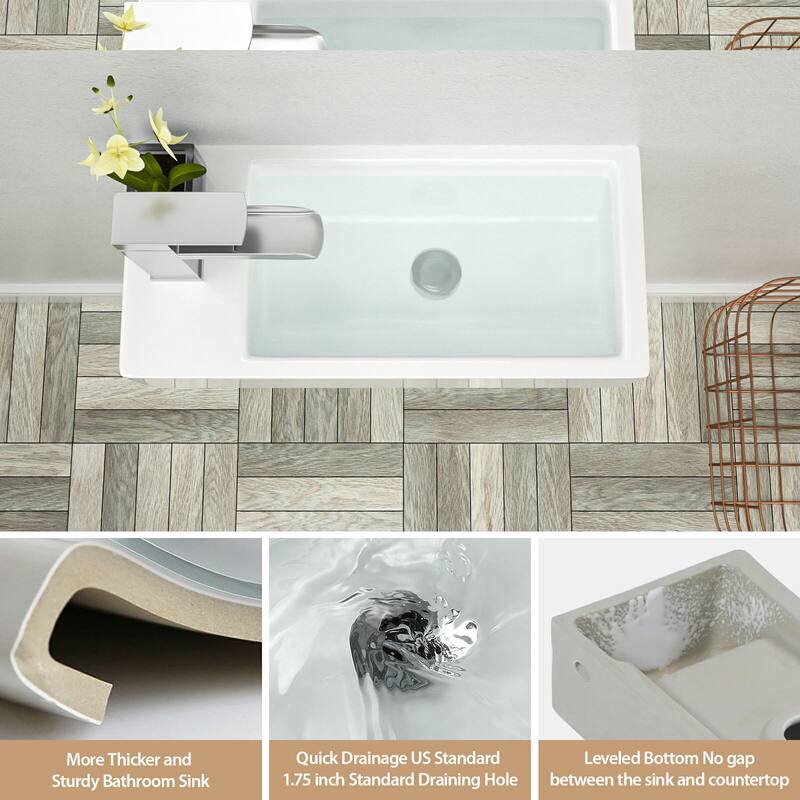 Lordear 14.5 inch White Rectangular Ceramic Wall Hung Sink with Side Faucet Mount