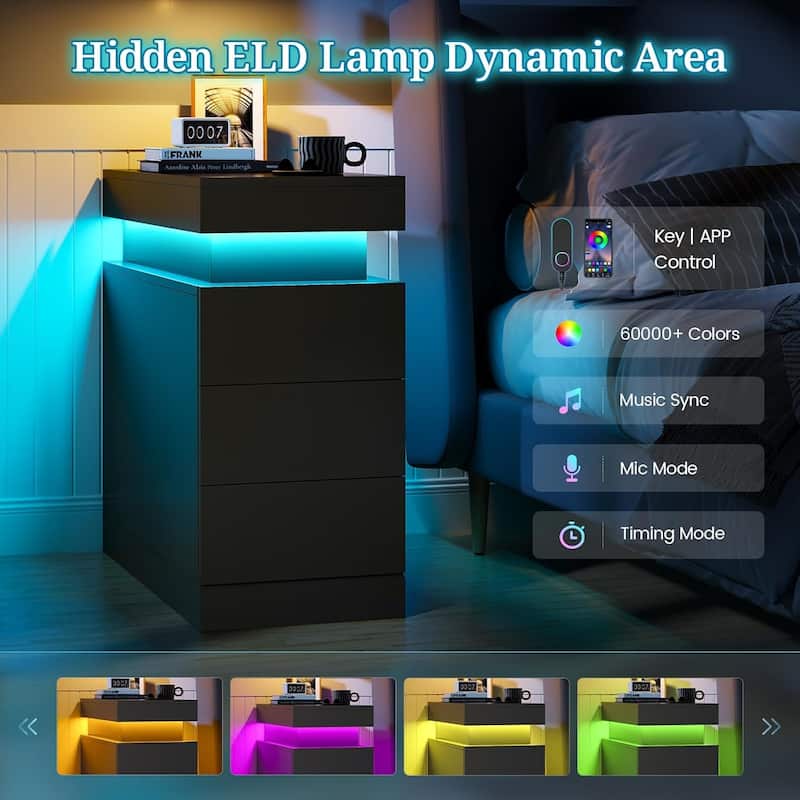 Bedroom Nightstand Charging Station LED Lights Sliding Top Drawers