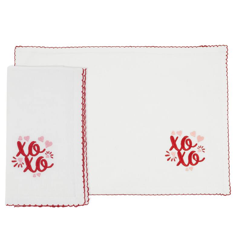 XO Placemats & Napkins (Set of 8) - Embroidered Valentine's Table Linens with Scalloped Red Trim, 13"x19" / 18"x18"