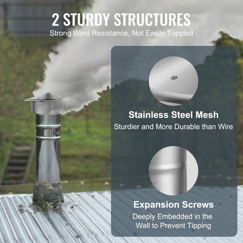Chimney Cap, 6 inch, 304 Stainless Steel Round Roof Rain Cap, 11.81-inch Increased Caps, All Weather & Reinforced Screws