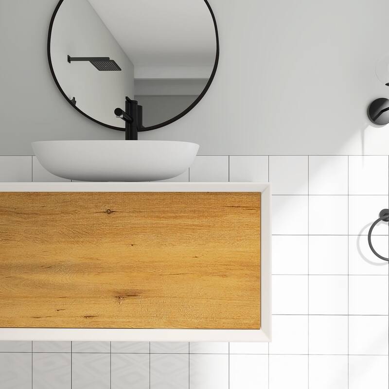 Wall Mounted Bathroom Vanity Set with White Solid Surface Top and Vessel Sink