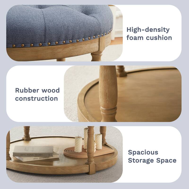 HUIMO 33in Round Upholstered Solid Wood Ottoman Coffee Table with Storage Shelf