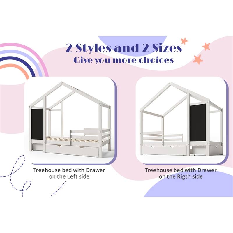 Twin House Bed with Blackboard and Drawers,Two assembly options