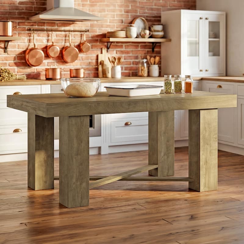 55" Kitchen Island Table, Counter Height Farmhouse Prep Table - Natural Wood