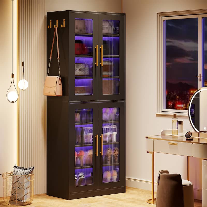 Modern Tall Entryway Shoe Storage Cabinet with Acrylic Doors and LED Light - 8-Tier