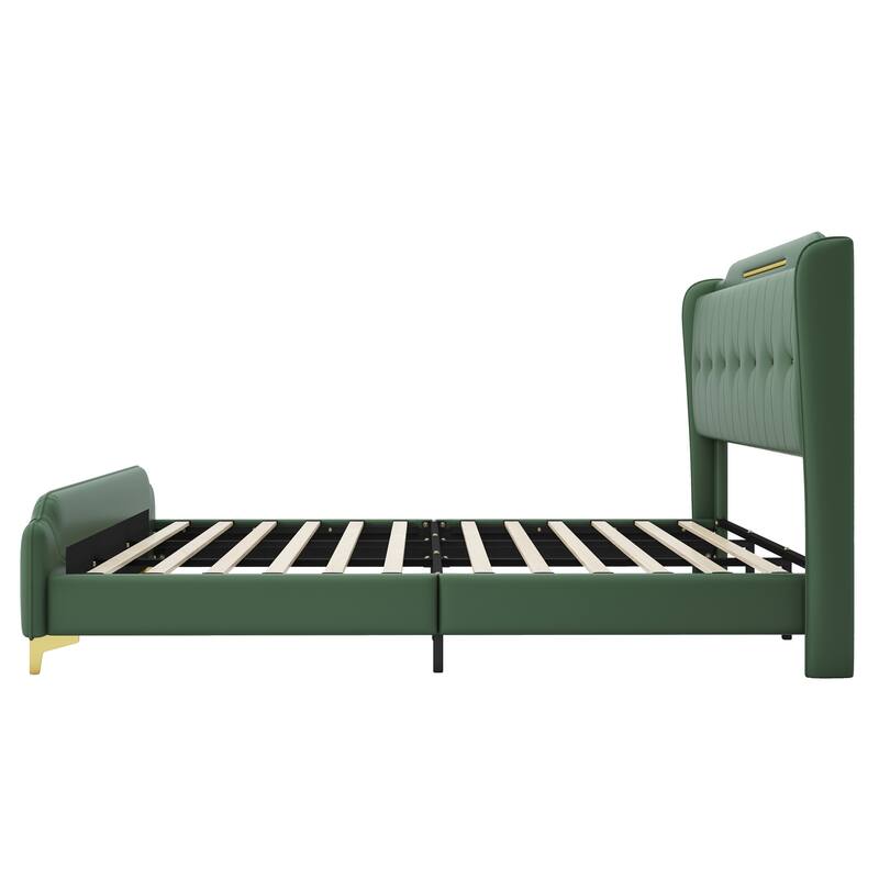 King Size PU Upholstered Platform bed with Wingback Headboard And Footboard