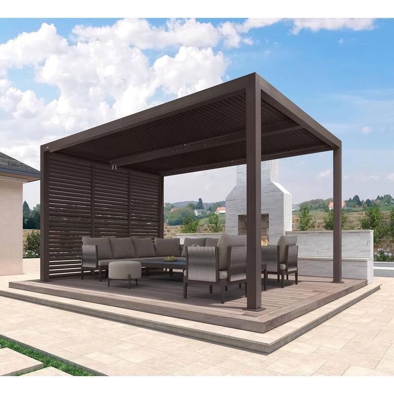 PURPLE LEAF Bronze Louvered Pergola with Adjustable Roof for Deck Backyard Garden Hardtop Gazebo - 10' x 14' - 1W(Shutter Wall)