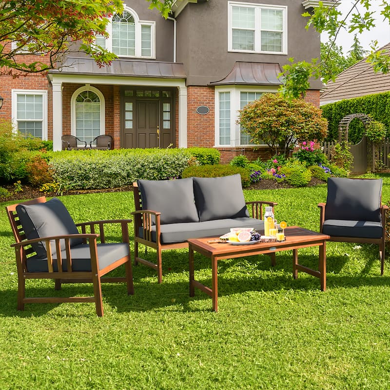 4 PCS Wooden Patio Furniture Set Outdoor Seating Chat Set