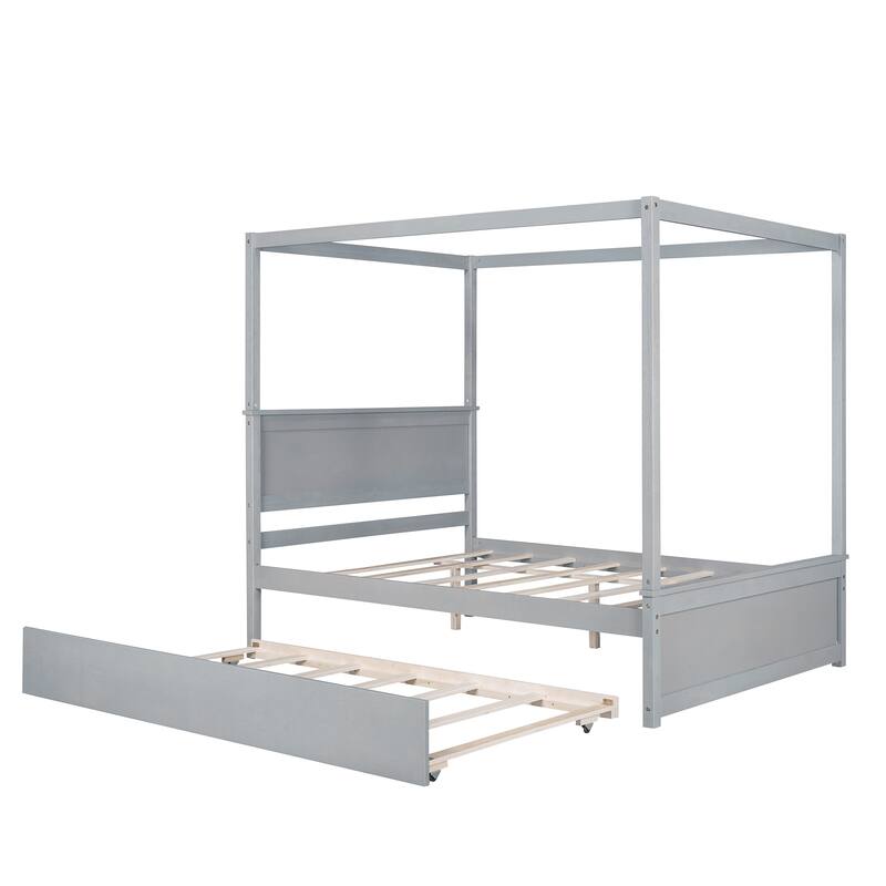 Modern Full Canopy Bed with Trundle, Solid Wood Frame, and Customizable Curtain Rails