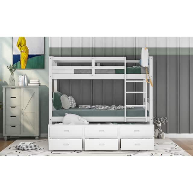 Contemporary Casual Style Twin over Twin Wood Bunk Bed with Trundle and Drawers, with High-quality Solid Wood for Bedroom