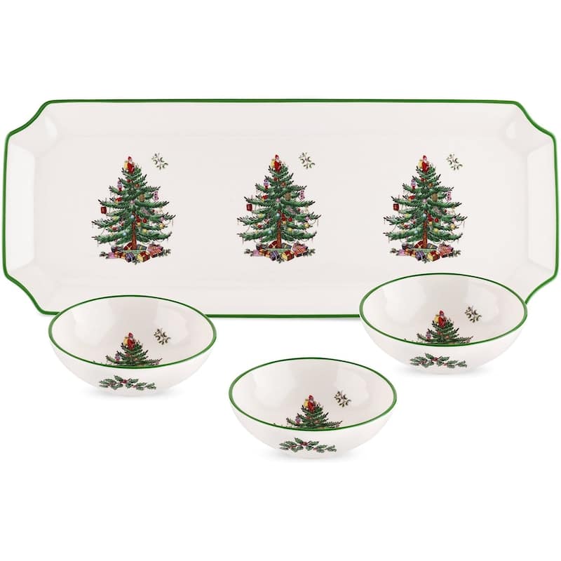 Spode Christmas Tree Rectangular Tray with 3 Dishes - 14" L x 4" W - 14" L x 4" W - Multicolored - 4 Piece