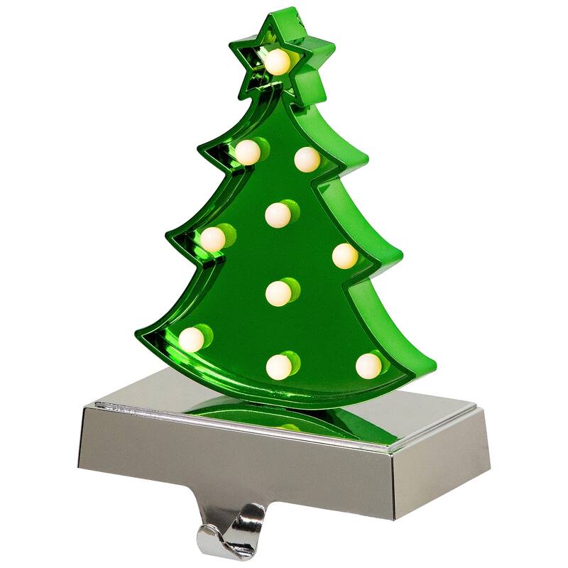 LED Lighted Shiny Christmas Tree Stocking Holder - 7" - Silver and Green