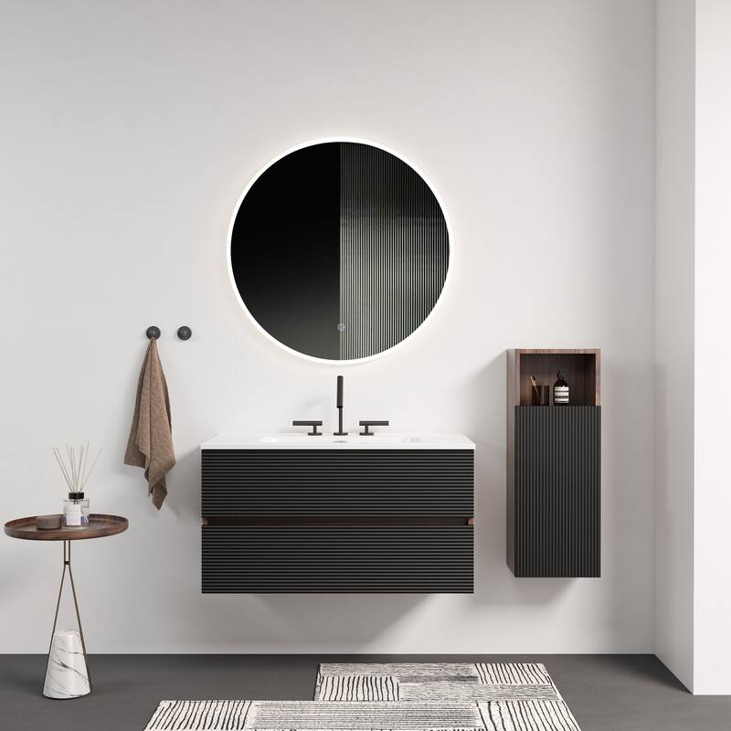 GDFStudio - Gloria Modern Wall-Mounted Floating Bathroom Vanity with Integrated Ceramic Basin & Soft-Close Drawers - 36" - Black+Brown+3 faucet holes