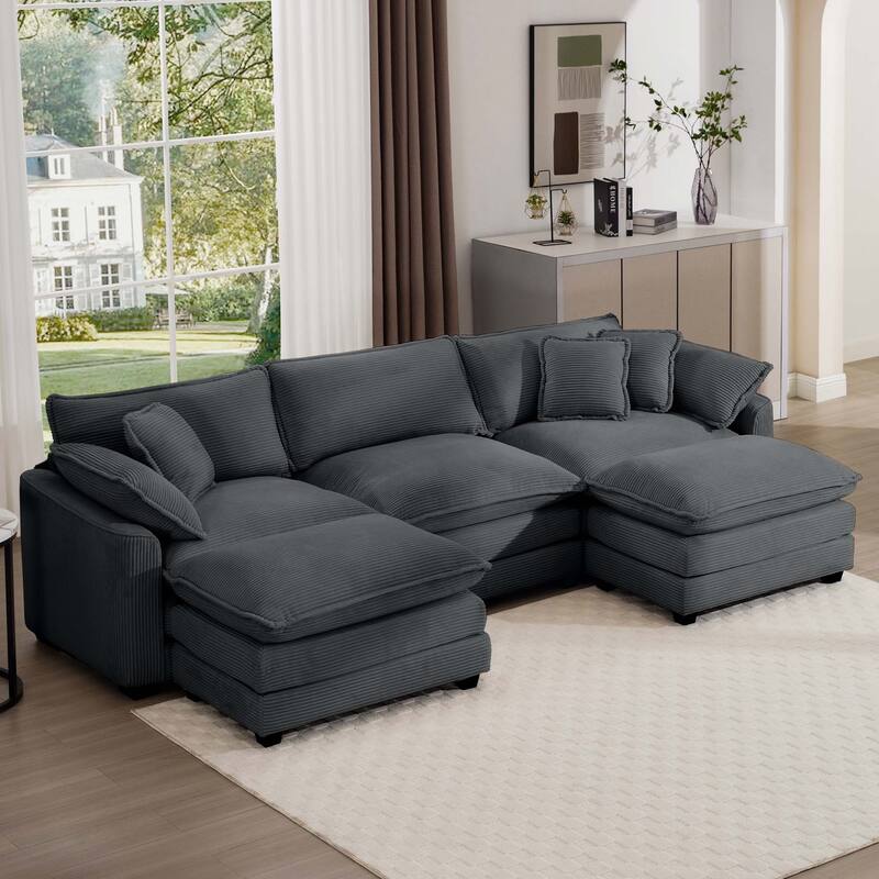 Corduroy U-Shape Modular Sofa with Ottomans, Convertible Corner Couch - Grey