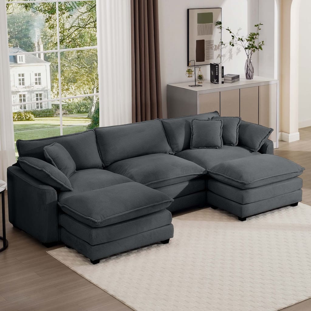 Grey 115" Corduroy Cloud U-Shaped Sectional Sofa with 2 Removable Ottomans