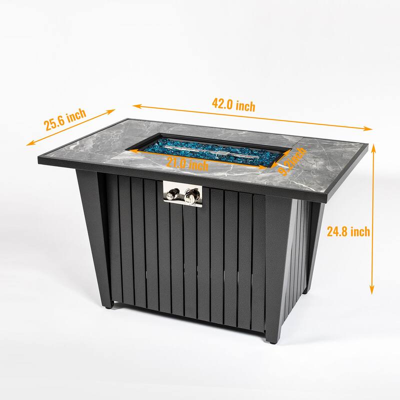 GDFStudio - Callahan 42" Steel Outdoor Fire Pit Table with Marble Tile Top, Glass Wind Guard & 50,000 BTU Flame