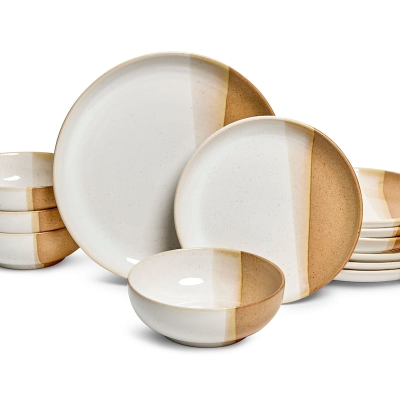 Sango Phoebe 12-Piece Multicolor Stoneware Dinnerware Set - Service for 4, Plate & Bowl Set, Caramel with a Rustic White Glaze - Brown - 12 Piece