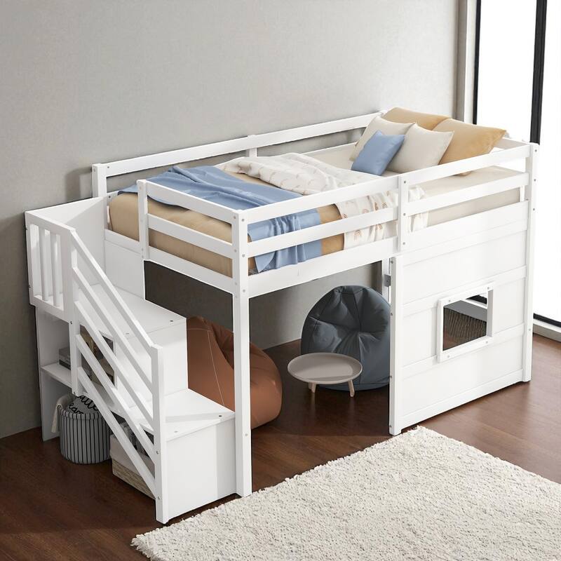 Twin Size Loft Bed with Storage Staircase, Window, LED Light and Guardrails, Solid Wood Frame - White - Twin