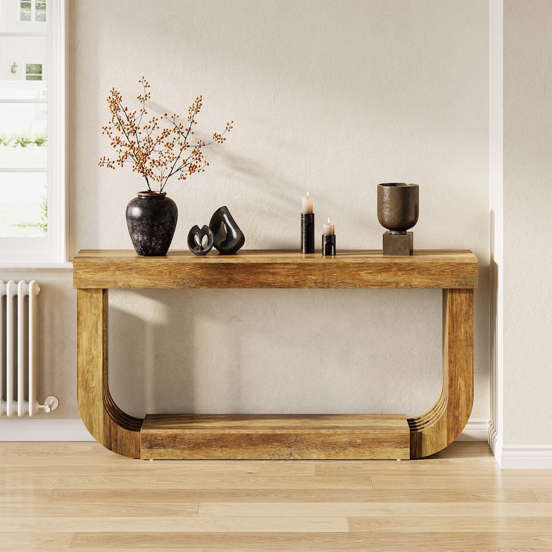 70.8’’ U-Shaped Console Table, Narrow Wooden Sofa Table - Brown