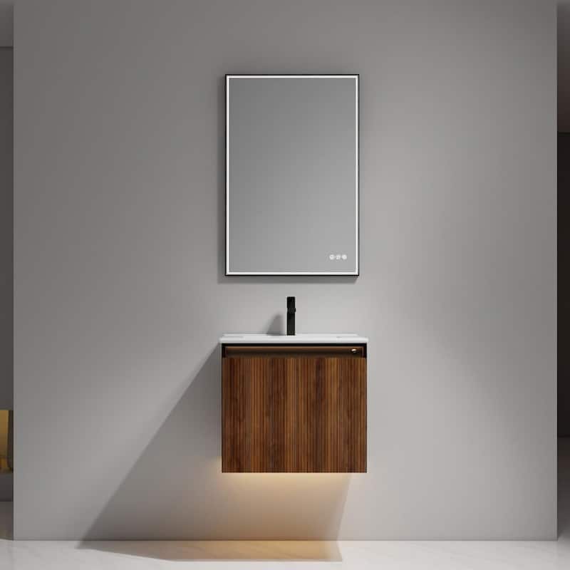 Blossom Lille Brown Walnut Floating Vanity with LED & Acrylic Sink - 24" with Ceramic Sink