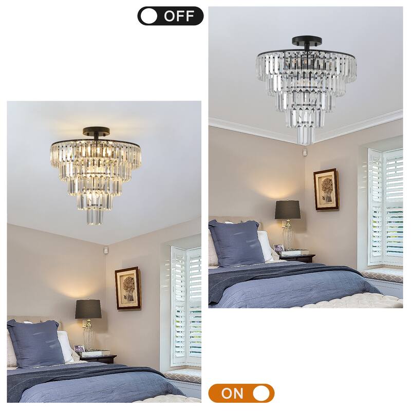 5-Tier Round Semi Flush Mount Crystal Chandeliers for Living Room