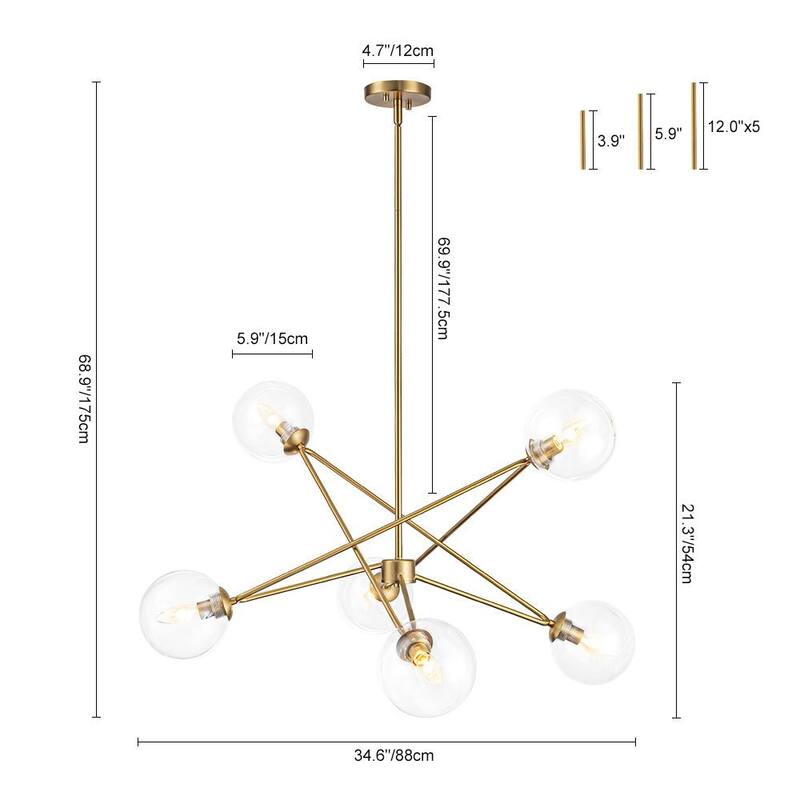 Modern Minimalist 6-Light Clear Glass Bubble Sputnik Chandelier 34.6in