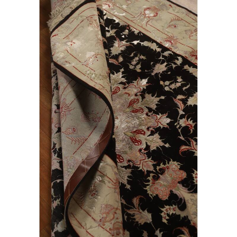Hand Knotted Oriental Wool & Silk Carpet Traditional Floral Black Tabriz Area Rug - 7' 1'' X 4' 10''
