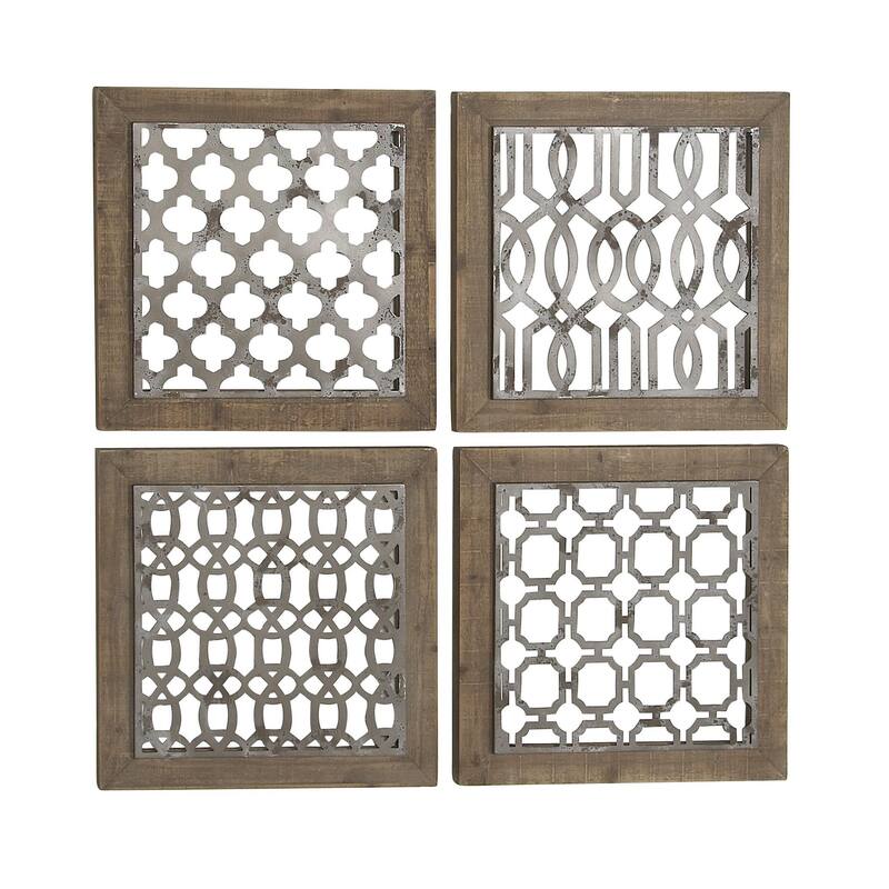 Wood Geometric Home Wall Decor with Silver Metal Trellis Cutouts - Set of 4 Brown - Roche River Decor