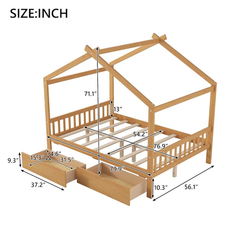 Full Size House Platform Bed with 2 Drawers,Headboard and Footboard, Roof Design, White