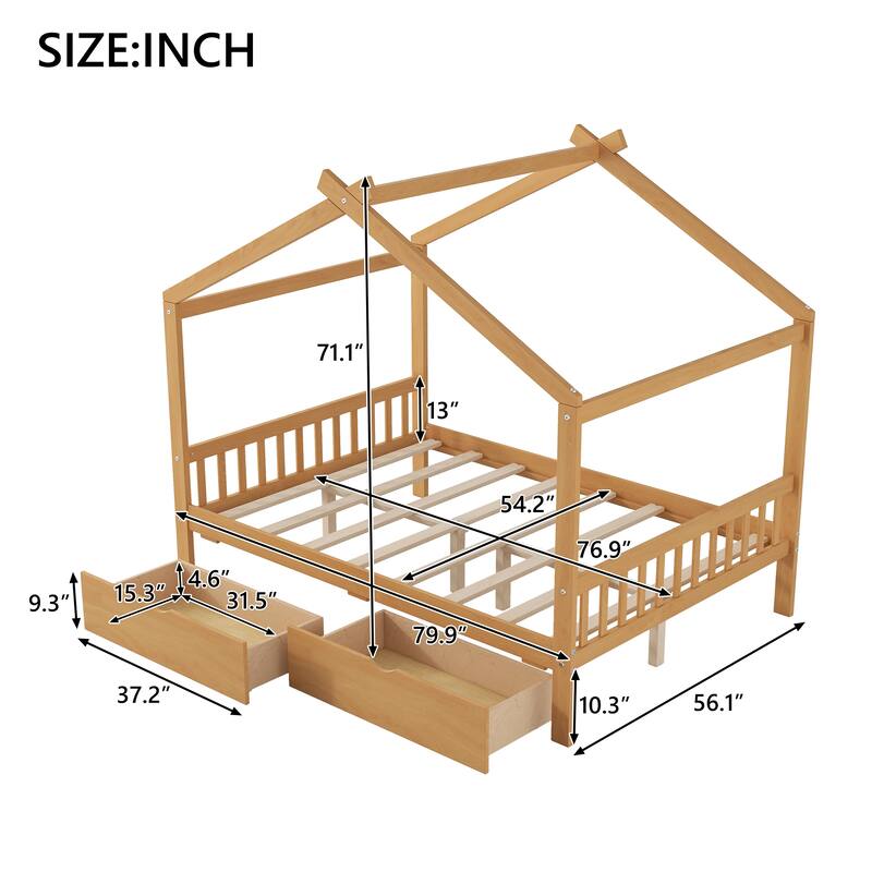 Full Size House Platform bed with Two Drawers,Headboard and Footboard,Roof Design,Natural