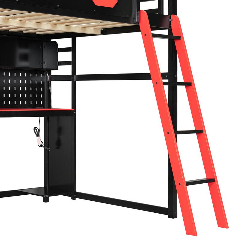 Full Size Loft Bed with All-in-One Workstation, Built-In Desk, Shelves, Pegboard, LED Lights & USB Ports