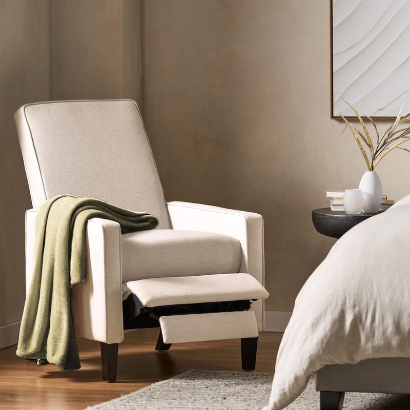 Roomfitters Minimalist Fabric Push Back Recliner Chair with Birch Legs, Beige