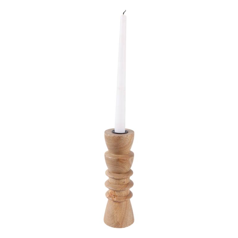 Mango Wood Modern Totem Carved Taper Holder - Tan