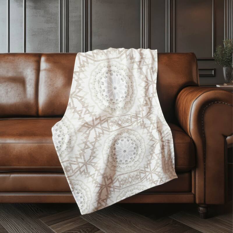 Premium Machine Washable Boho Suzani Sherpa Throw Blanket - Ivory - 4'2" x 5'10"