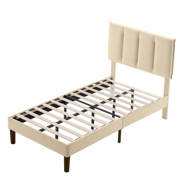 Upholstered Velvet Upholstered Bed Frame with Adjustable Height Headboard No Box Spring Needed Platform Bed Under Bed Storage