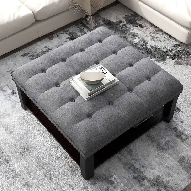 Transitional Linen Tufted Nailheads Cocktail Ottoman with Storage by Furniture of America