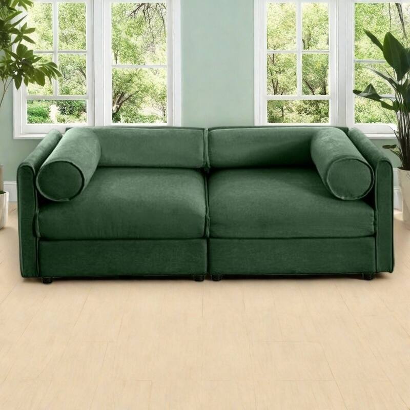 Modern Chenille 6-Seater Sofa with Ottoman Storage, Hidden Storage, Cylindrical Cushioned Arms and Backrest - 2 Seater Green