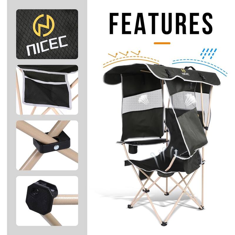 Camping Chair with Shade Canopy, Portable Camping Chairs, Detachable Shade Canopy, Side-Pocket and Cupholder