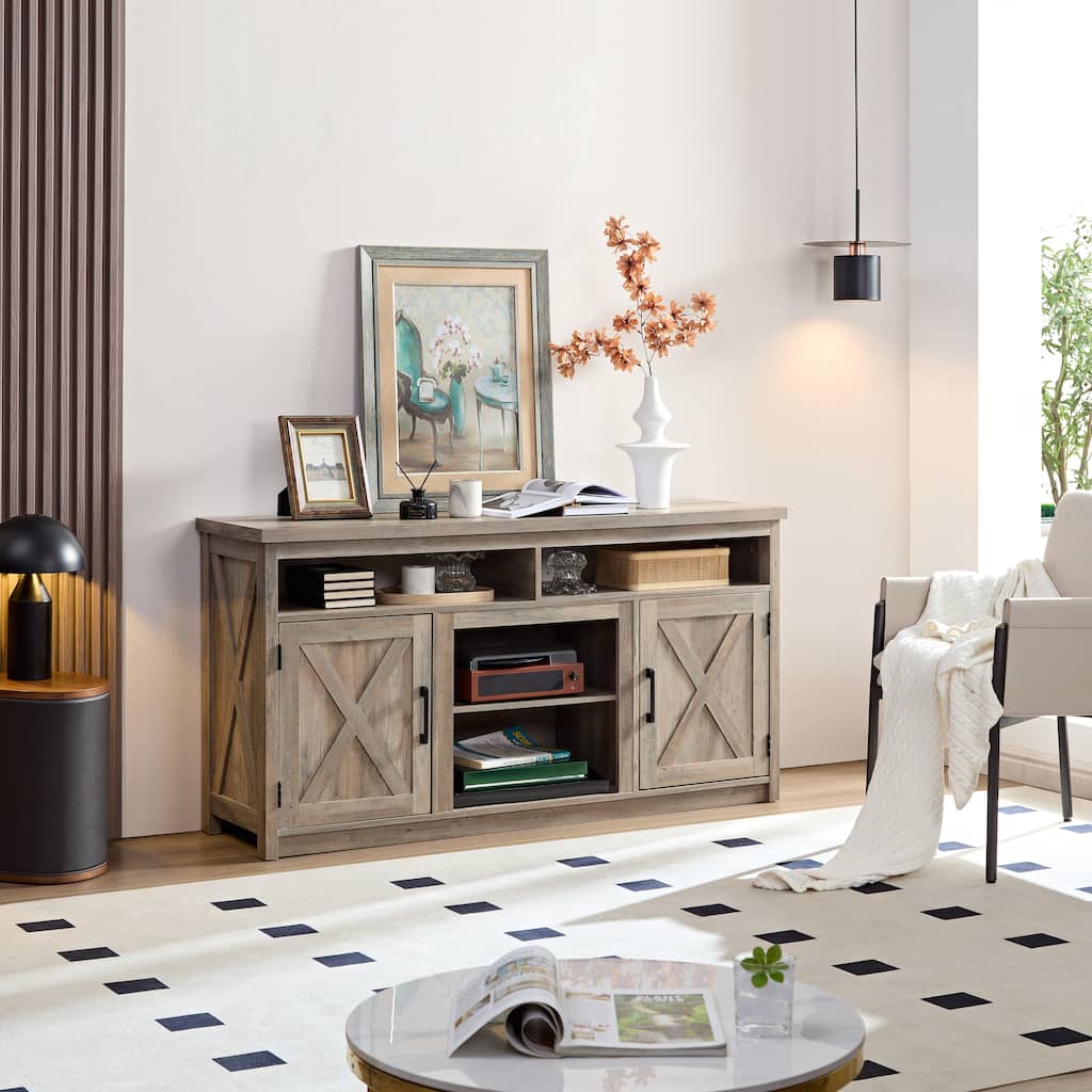 Roomfitters Farmhouse TV Stand for TVs up to 65", Modern Entertainment Center with 4 Open Storage