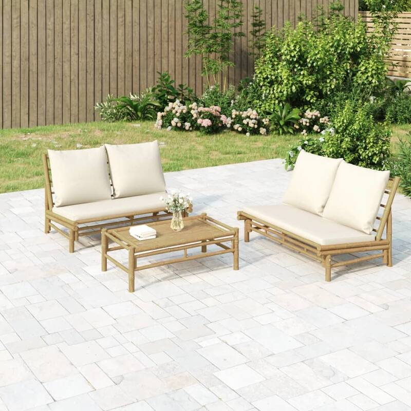 vidaXL 3/4/5 Piece Patio Lounge Set with Dark Gray Cushions Bamboo - 39.4" x 21.7" x 13" - Brown/Cream white 3 Piece