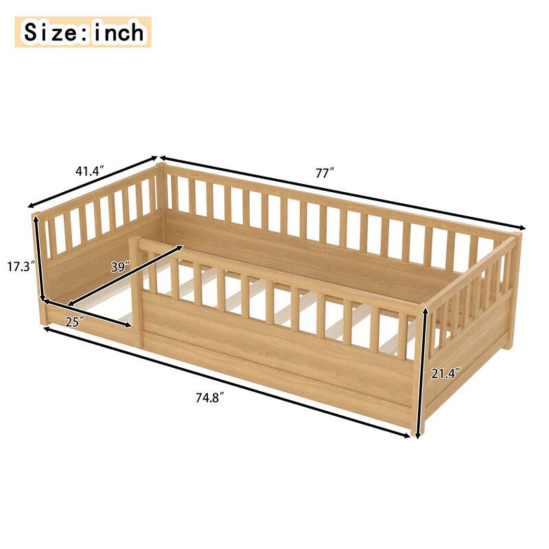 Full/Twin Montessori Floor Bed with Security Barrier & Door - Children's Wooden Bed Frame