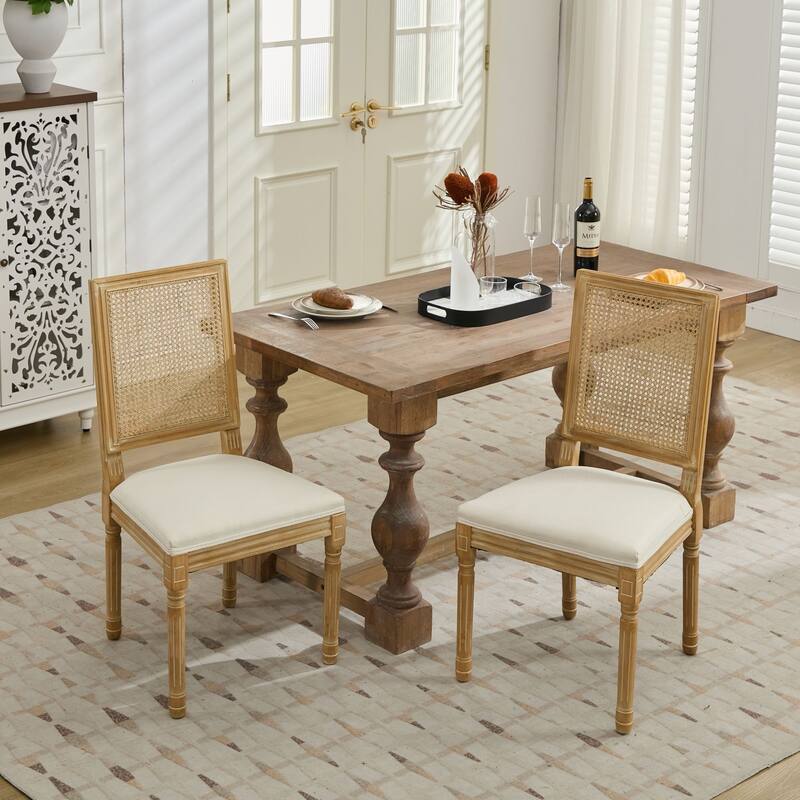 French Decor Chairs Set of 2, Louis Dining Chairs with Square Rattan Backrest and Exquisitely Carved Solid Wood Frame